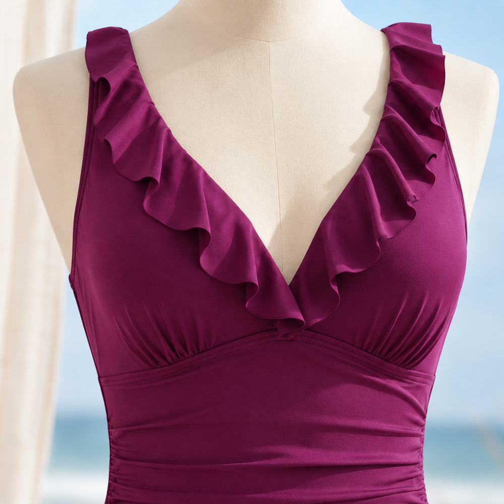 NWT DKNY Ruffle Plunge Underwire Tummy Control Swimsuit 12 Plumberry - Picture 7 of 8